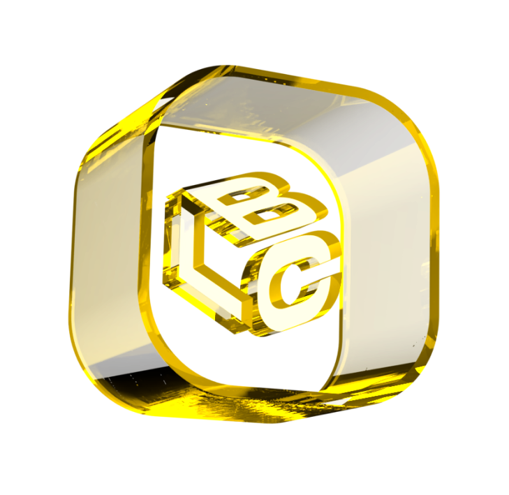 Logotipo dourado do LCbank com letras LC em 3D